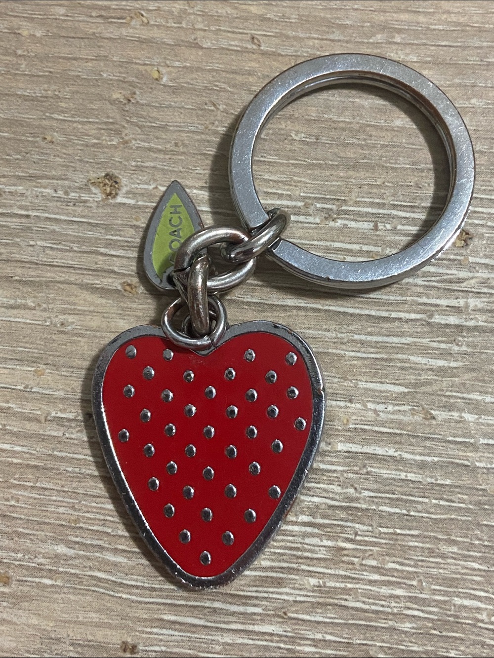 Vintage Coach Red Strawberry Keychain with Silver Accents and Green Leaf Tag